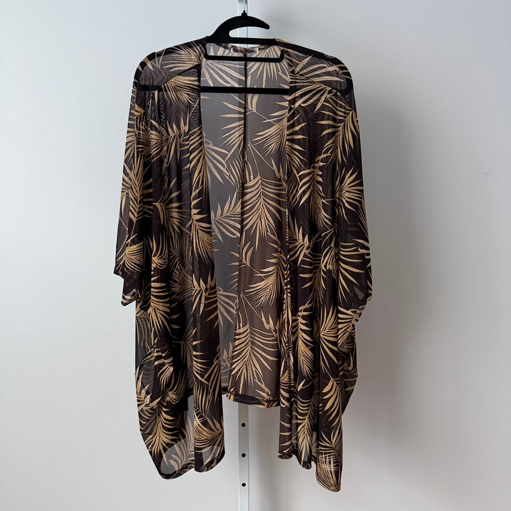 Boho OS Brown Tropical Mesh Sheer Flowy Beachy Relaxed Festival Kimino Cover Up